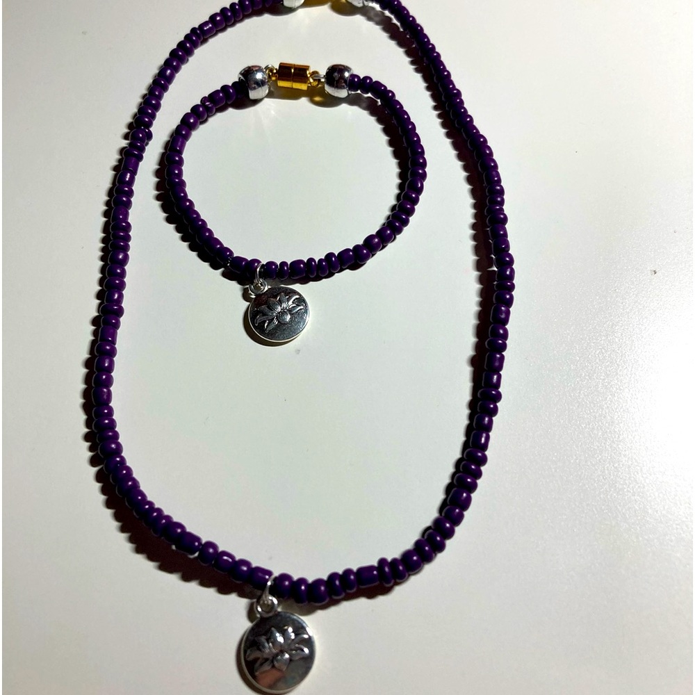 Handmade dark purple Lotus flower necklace/bracelet set, magnetic clasp closure
